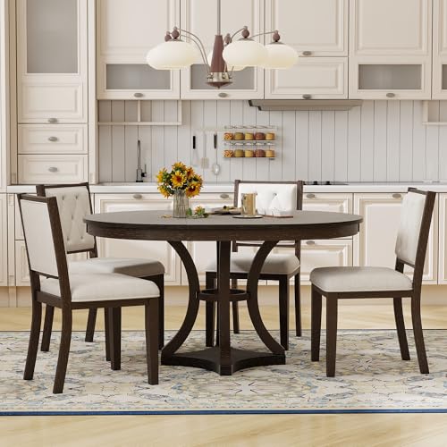 Image of Bellemave Extendable Dining Table Set for 4, 5-Piece Retro Round Table Set with 4 Upholstered Chairs, Round Table with a 16 inch W Leaf, Oval Kitchen Table Set with Extendable Table (Espresso)