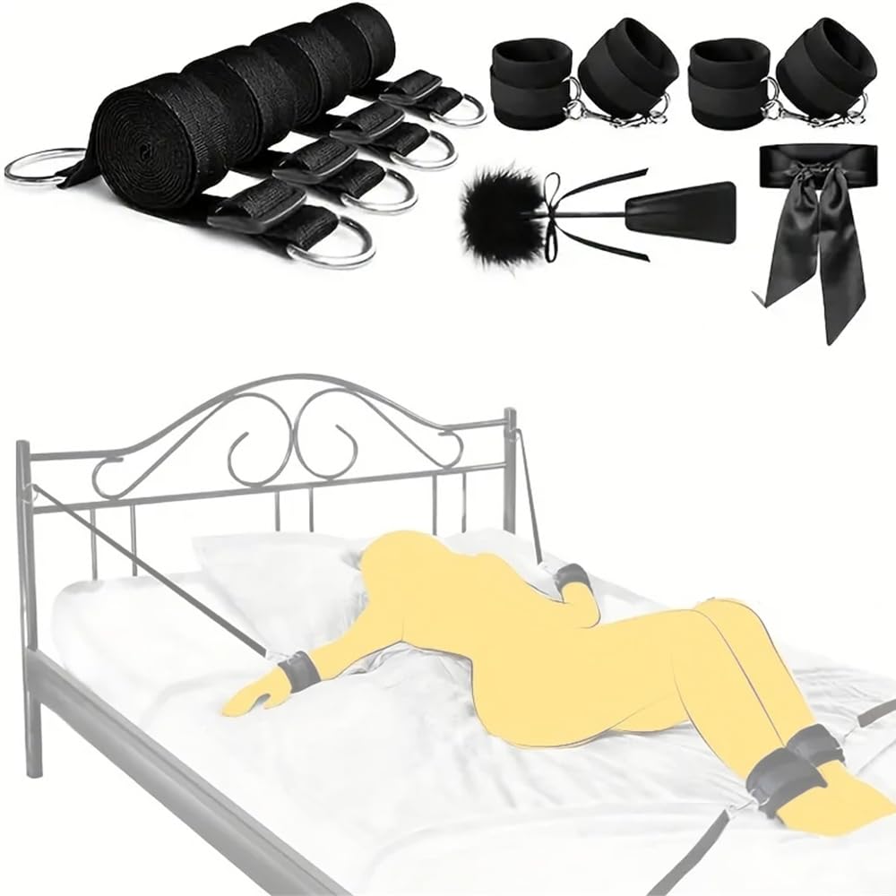 Set da 5 pezzi di prodotti per la fasciatura del letto, set di manette circolari in acciaio e polsini per caviglie, con maschera per gli occhi, piume flirtanti, imbottitura in pelle