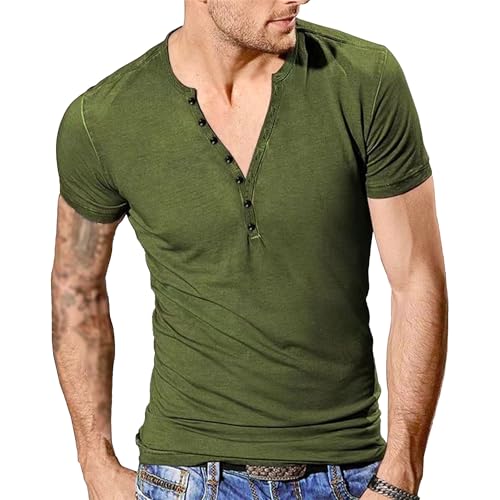 Men's Round Neck Slim Fit Sport Shirts Solid Casual Slim Fit Henry T-Shirt Summer Classic Outdoor Jogging Tops (Navy Green,Medium)