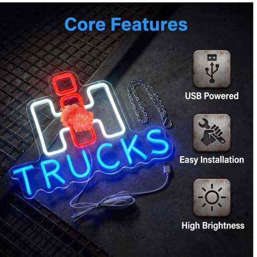 Image of International Harvester Trucks Neon Sign, USB Powered Harvester Neon Sign for Wall Decor Tractor Neon Light for Man Cavet, Dimmable Neon Light Wall Hanging Decor for Truck Culture Lover, Mechanic Shop, Garage, Man Cave Room