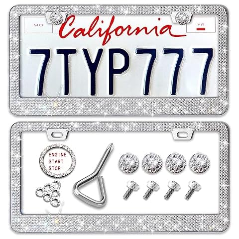 Newzon Bling Rhinestone Car License Plate Frames - Diamond Bedazzled Handcrafted Stainless Steel - Sparkly Glitter Crystal Caps for Men and Women (2 Pack, White) Cover