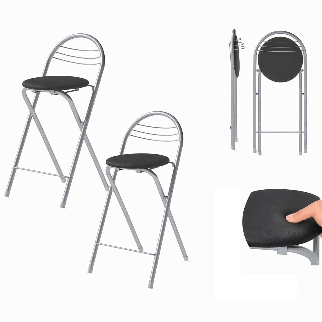 Barhocker Klappbar 2er Set Mit weichen Kissen, Küchenstuhl mit Lehne, 61cm Sitzhöhe, Keine Montage Erforderlich, Tragbarer Barhocker, Für Küche, Wohnzimmer, Esszimmer, Schwarz und Silber