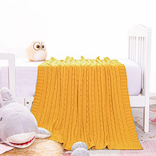 Image of NTBAY 100% Pure Cotton Cable Knit Toddler Blanket, Super Soft Warm Breathable 30x40 Baby Blanket for Crib, Stroller, Nursery, Travel, Newborn, 30x40 Inches, Turmeric
