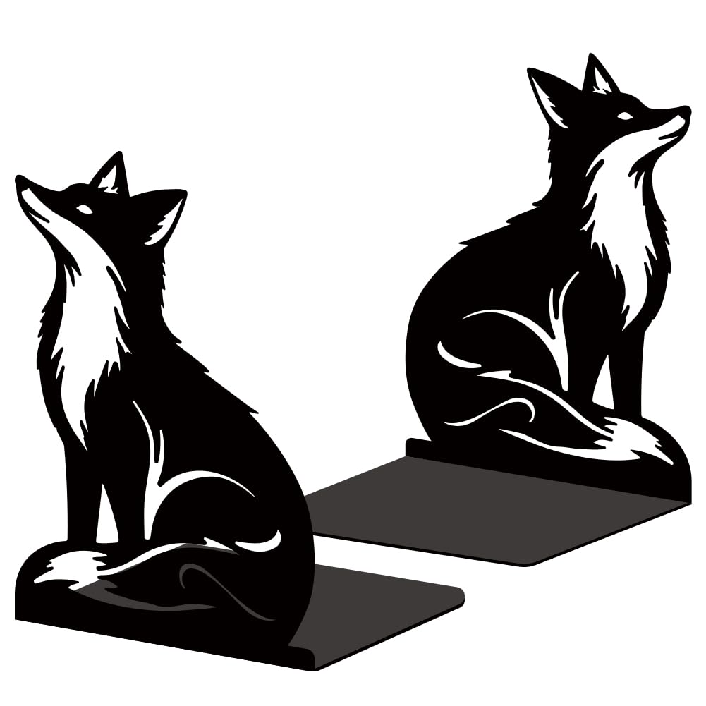 BEUNITONE Fox Themed Metal Bookends, 2-Pair Sturdy Book Ends for Heavy Volumes, Wildlife Nature Inspired Shelf Decor for Library Office