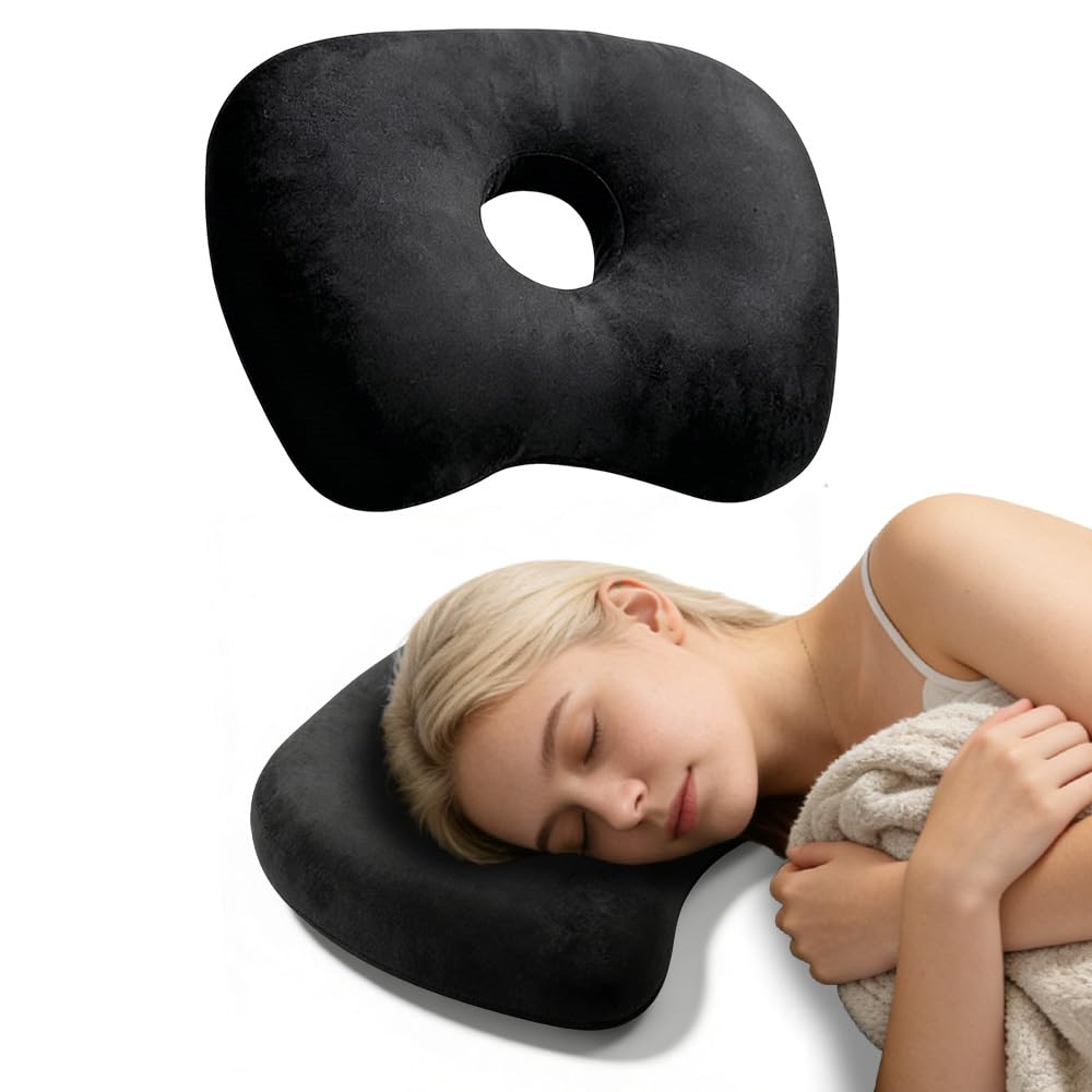 SGZIOO Ear Piercing Pillow, Ear Pillow with Hole for Side Sleepers, O-Shaped, Washable, for CNH and Ears Guard Inflammation Pressure Sores, Black