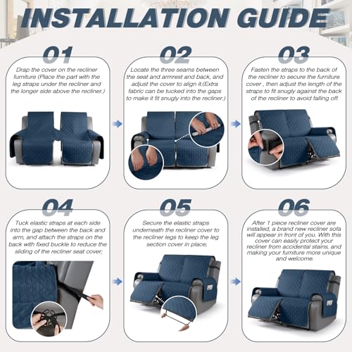 Image of TAOCOCO 100% Waterproof Recliner Covers, Recliner Sofa Covers with Leg Straps, Reversible Recliner Couch Cover for Reclining Chair, Washable Couch Protector for Pets Kids(2 Seater, Ocean Blue)