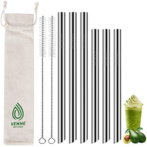 VEHHE Reusable Boba Straws 0.5" Wide Smoothie Straws Metal Straws with Case, 6pcs Stainless Steel Straws(9.5inches, 8.5inches) with 2 Brushes, Great for Bubble Tea, Milkshakes and Boba Pearls Cover