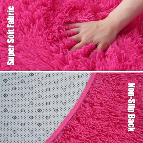 Fluffy Round Area Rugs for Bedroom,Hot Pink 4'X4'Shag Circle Area Rugs for Living Room,Non Slip Fuzzy Plush Rug for Kids Room Boys Girls Room and Dorm