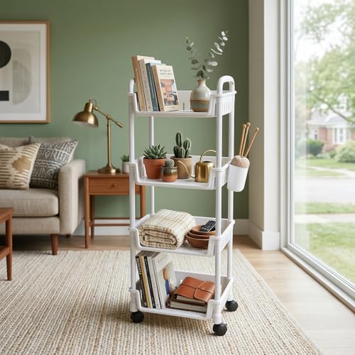 Image of Lukzer 4-Tier Plastic Rolling Storage Cart with Wheels | Multipurpose Utility Trolley Organizer with Basket Shelves & Side Holder & Hooks for Kitchen, Bathroom, Laundry & Office (White /26x34x103 cm)
