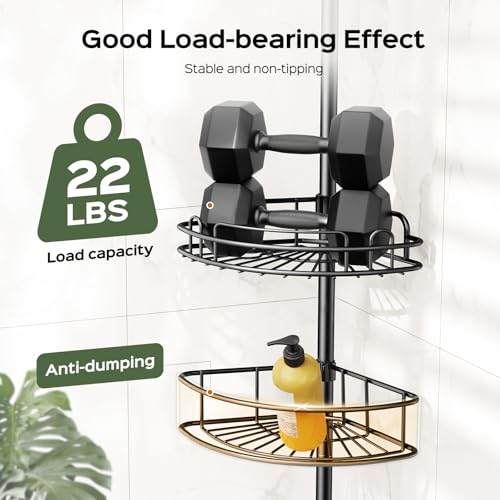 Image of HAMITOR Corner Shower Shelves, 4-Tier AdjustableTension Caddy for Renters | Black Rust-Resistant Bathroom Organizer, No-Drill Quick Install, Space-Saving Storage Shelves For Families 47.7-123.6 Inch