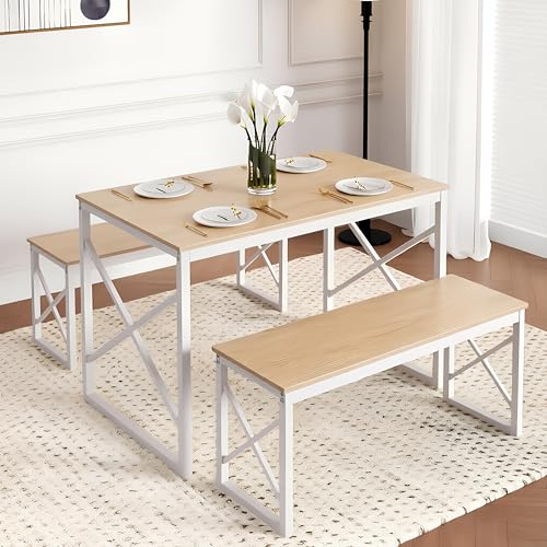 Image of VECELO 43.3 inch Kitchen Dining Table Set for 4, Heavy-Duty Steel Frame & Wood-Grain Tabletop, Space-Saving Dinette Sets with 2 Benches for Breakfast Nook and Small Space, Natural