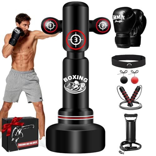 NZQXJXZ Saco de Boxeo de pie para Adulto, 180cm Saco Boxe Independiente con Guantes de Boxeo, Bomba, Cuerda para Saltar y Pelota de Reflejos, Sacos de Boxe Inflable para Karate MMA Taekwondo Fitness