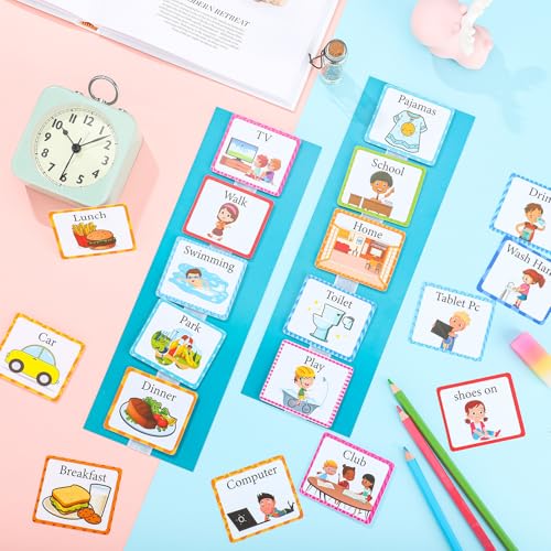 Visual 35 Pieces Schedule for Toddlers Autism Learning Materials Kids Routine Cards Visual Wall Planner, 2 Chore Chart Schedule Board for Home School, 2 Rough Strips, 35 Hook and Loop Dots(Cyan) - Image 8