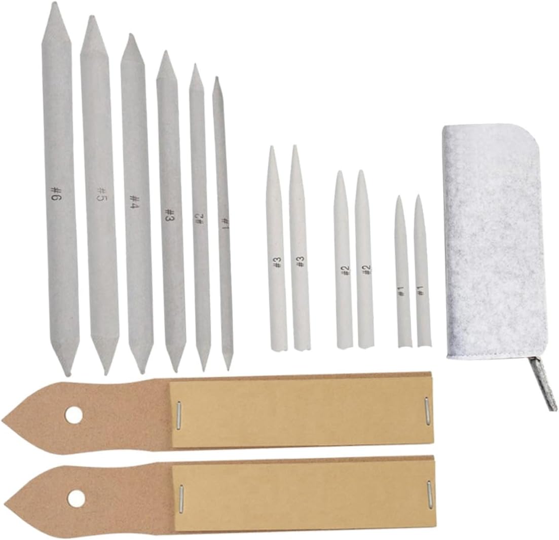 OKUMEYR 15pcs Sketch Blending Stumps and Tortillions Set with Sandpaper Pencil Sharpener Pointer Art Drawing Tools for Artists Students Beginners Softening Lines and Creating Shadows Light