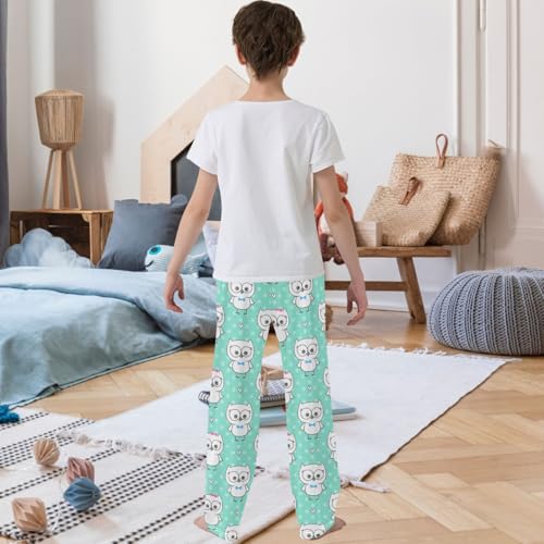 Boy's Pj Pants White Little Owl Bow Green Heart Lounge Bottoms Elastic Waist Kids Joggers with Pockets Size 6-143