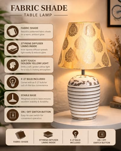 Image of Homesake Wooden Lamp for Living Room | Table Lamp for Bedroom | Bedside Lamp with Fabric Shade | E27 Holder with Bulb Included | Warm Light Night, Study Table & Home Decor, Gold Peacock Shade