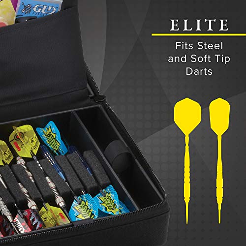 Casemaster Elite Black Nylon Dart Carrying Case; Holds 9 Darts, Steel Tip or Soft Tip, with Additional Pockets, Tubes and Boxes for Extra Tips, Flights, Shafts and Large Containers for Other Accessories