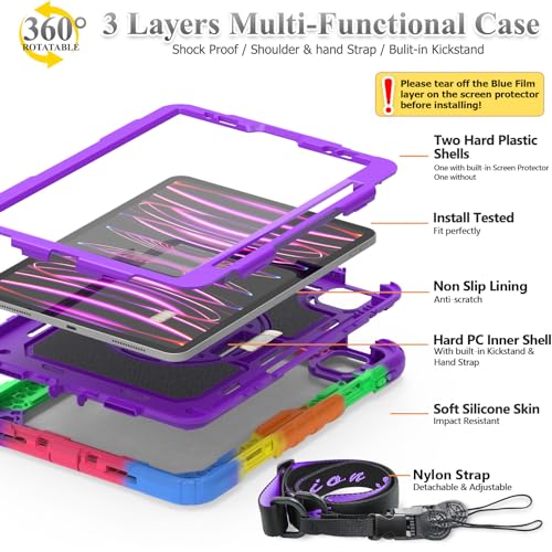 Image of SEYMAC stock Case for iPad Mini 6 8.3'' 2021 with Screen Protector Pencil Holder [360 Rotating Hand Strap] &Stand, Drop-Proof Case for iPad Mini 6th Generation 8.3 inch, Purple+Colorful