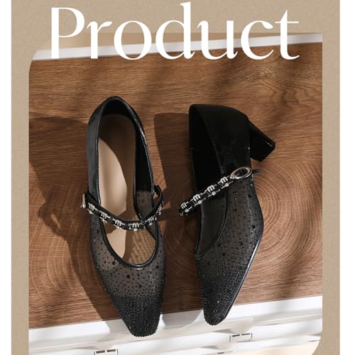 Mesh Rhinestone Mary Jane Shoes for Women's Low Chunky Heel Pointed Toe Breathable Kitten Heeled Comfortable Dress Pumps with Adjust Ankle Strap for Prom Wedding Party Sandals4