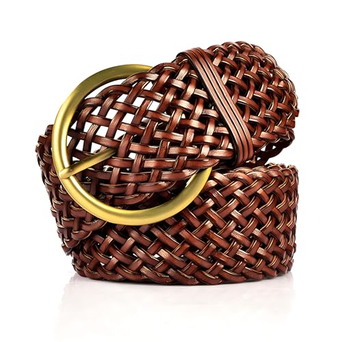 2 Inch Wide Leather Braided Belts for Women Hand Made Soft Woven Waistbands with Round Golden Pin Buckle
