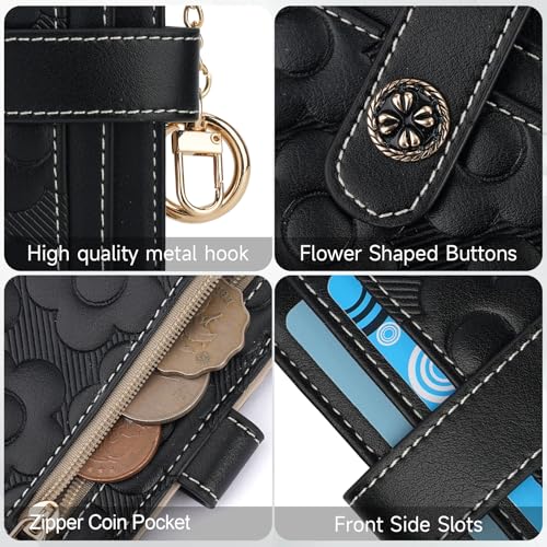 Image of RFID Wallet Women,Slim Small Wallets Embossed Flower Leather Bifold Compact Ladies Girls Wallet with Credit Card Holder Zipper Coin Pocket Black