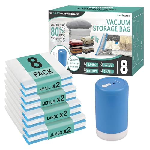 Cozy Essential Travel Vacuum Storage Bags with Rechargeable Cordless USB Pump, Space Saver Bags for Luggage, Suitcase, Carry-On, for Clothes, Blankets, Bedding & Seasonal Storage,8 Combo