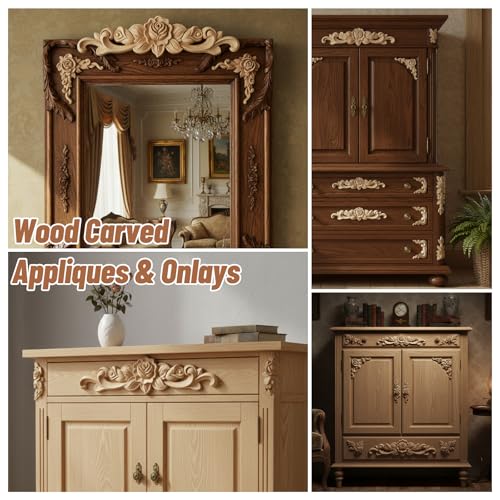 5 Stück Holz Ornamente Stuckleisten Wand Ornamente für Möbel Ecke Onlay Applique Möbe Geschnitzt Corner Holzornamente für Möbel 20 x 5 cm Holzschnitzerei Applikation
