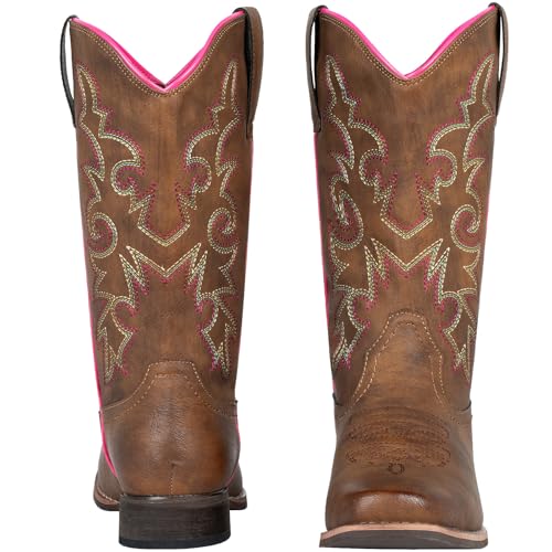 SheSole Women's Cowboy Boots Square Toe Western Cowgirl Mid Wide Calf Embroidered Boots Brown3