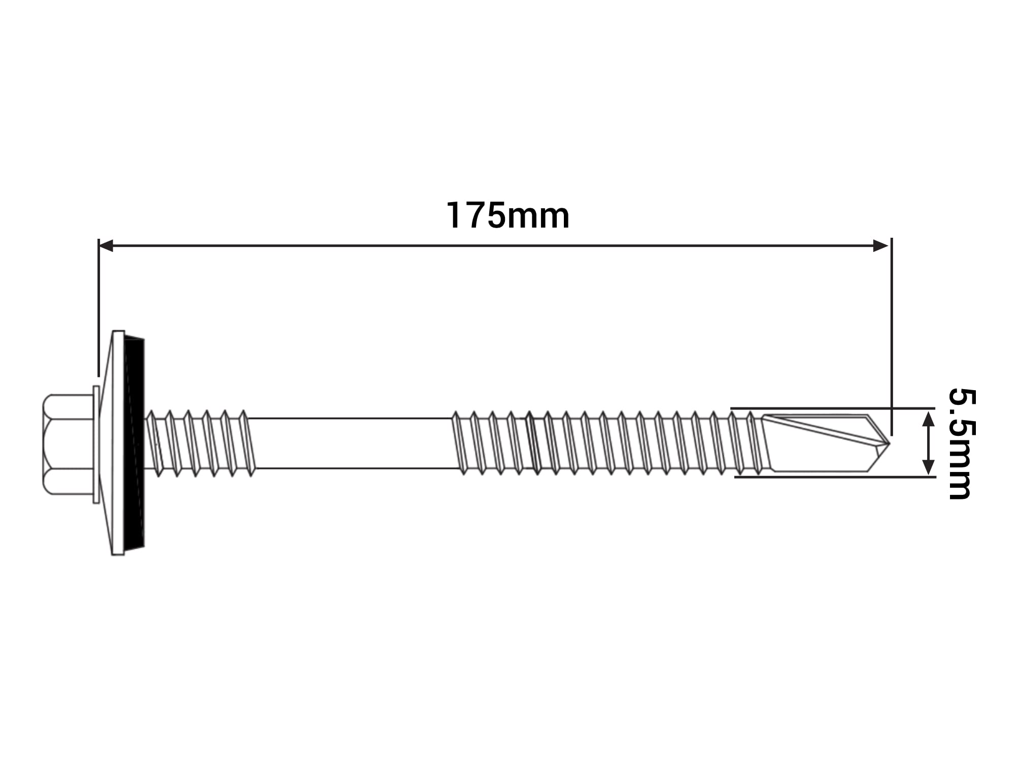 (50 Stück) Lackierte selbstbohrende 5,5 x 175 mm Schrauben mit EPDM-Unterlegscheiben für Sandwichplatten, Sechskantkopf (Anthrazitgrau, RAL 7016)