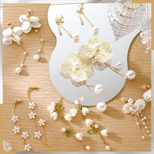Nosiny 6 Pairs Pearl Dangle Flower Earrings for Women Gold Long Pearl Petal Tassel Drop Earring Trendy Chain Dangle for Wedding Bridal Jewelry Gifts3
