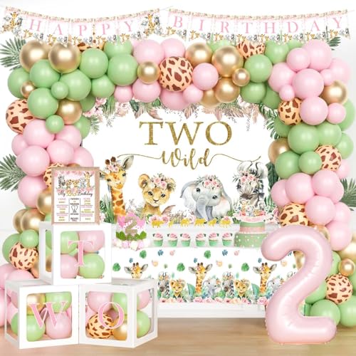Hombae Two Wild Birthday Decorations Girl 2nd Birthday Decorations for Girl Born Two Be Wild Birthday Decor Jungle Safari Animal Theme 2 Year Old Birthday Backdrop Banner for Second Birthday Girl