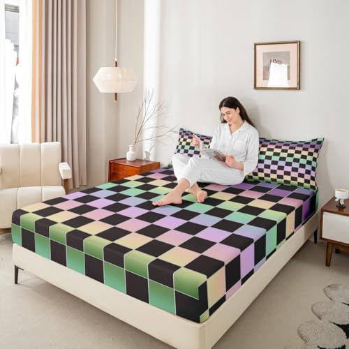 Image of Erosebridal Black Checkered Sheet Set Full Rainbow Ombre Plaid Bed Sheets Colorful Geometric Checkerboard Bedding for Kids Boys Girls,Aesthetic Grids Bed Sheets Set 4 Piece
