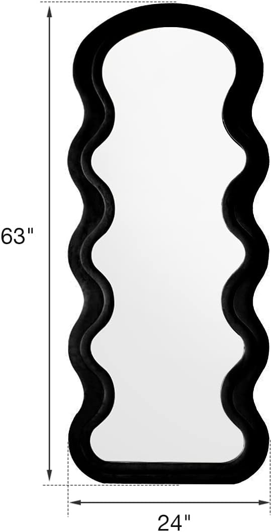 Floor Mirror with Stand, Full Length Irregular Wavy Mirror, Flannel Wrapped Wooden Frame (Black)