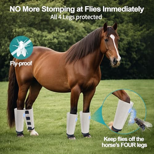 Image of Mesh Horse Fly Boots Set of 4, Loose Fitting Leggings for Horses, Reduce Stressful Stomping, Breathable Adjustable and Universal Fit for 4 Legs, Reliable Stay Put (Silver White)