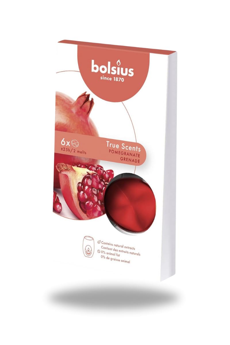 Bolsius Kokulu Buhardanlık Eritme Mum Tableti - Nar Kokulu - 6 Yuvarlak Şekilli Renkli Tablet Mum - 2-3 kere eritme ile toplamda yaklaşık 25 saat koku deneyimi
