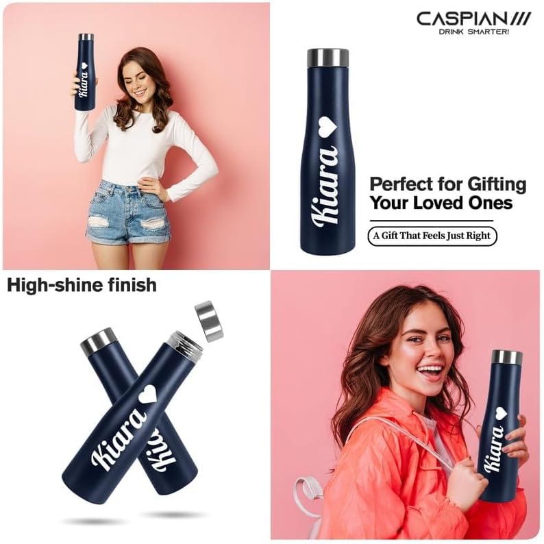 Caspian Aqua Customised Stainless Steel Water Bottle 1L, with Logo Print - Personalised Water Bottle with Your Name Print for Kids Girls Boys Office School Gym- Perfect for Corporate Gifting R-Blue