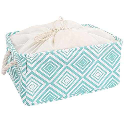Ruilogod Cesta de almacenamiento de tela de lona, ​​bins de almacenamiento plegable Cesta de juguetes Ropa de lavandería Organizador de toallas W Cierre de cordón verde, 14.2 x 10.2 x 6.7 pulgadas