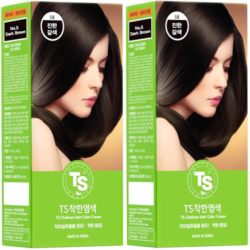 【Pack of 2】 TS Chakhan Hair Color Cream, Permanent Hair Dye for Grey Coverage, PPD free, Ammonia Free (No.5 Dark Brown)