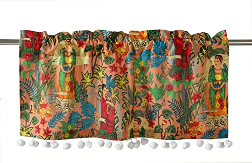 Image of Ravaiyaa - Attitude is everything Hand Printed Half Window Kitchen Curtain 1% Cotton Short Drapery Valance 4 X 18 Inch (Peach Floral, Washable, Pack Of 1Semi Sheer, Rod Pocket)