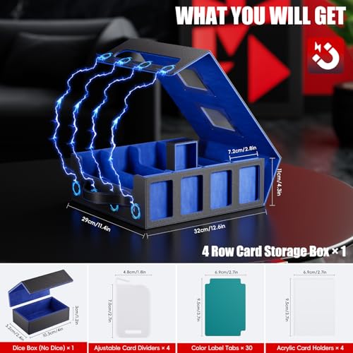 Image of Trading Card Storage Box - 3500+ Magnetic MTG Deck Box with Handle,Commander & Toploader Display, Dice Box,4 Dividers & 30 Color Labels - Fits for TCG,MTG,Yu-Gi-Oh and Sport cards(Black /Blue)