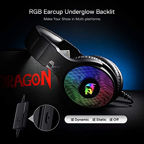 Redragon H350 Pandora RGB, Cascos para juegos - Cable USB - Retroiluminación RGB - Sonido estéreo Envolvente - Micrófono desmontable - Auriculares para PC / PS4/XBOX One/NS