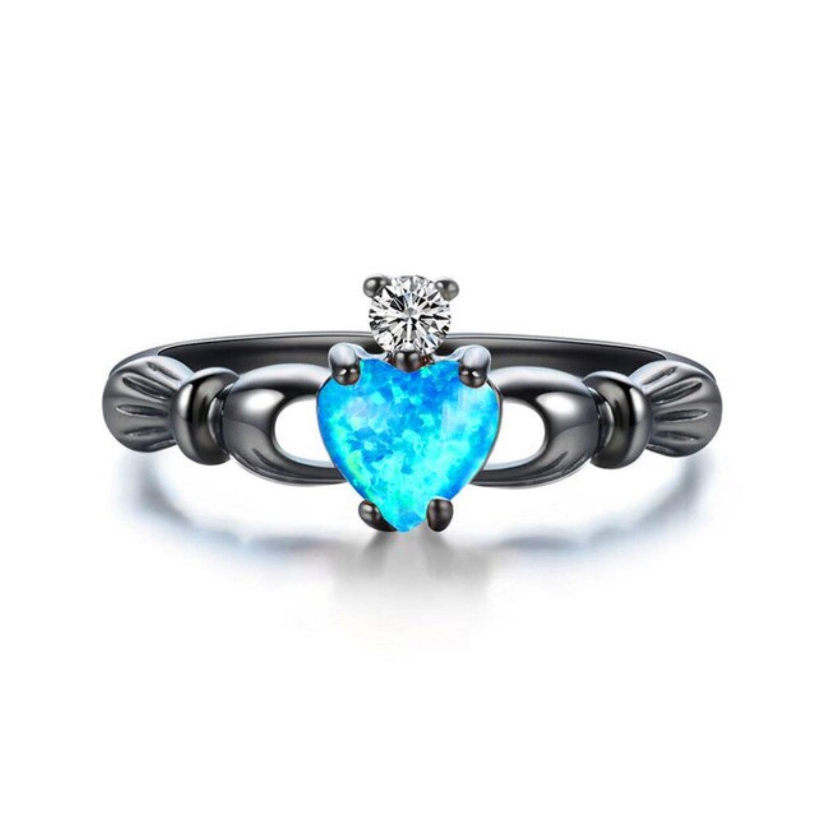 BIOLIVING Charm Female White Blue Opal Stone Ring Vintage Black Gold Wedding Rings For Women Love Claddagh Heart Engagement Ring