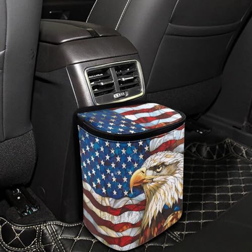 Image of Talayituse Eagle American Flag Print Car Trash Can Portable Auto Garbage Bin Multifunctional Vehicle Interior Accessories with Adjustable Straps Universal Fit Truck SUV Sedan