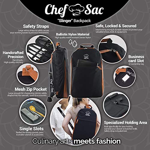 Chef Knife Sling Bag Case | 21+ Pockets for Knives & Kitchen Utensils | 2 Large Pockets for Tablet & Notebooks | FORTIFIED BALLISTIC NYLON (Black) - Thumbnail 3