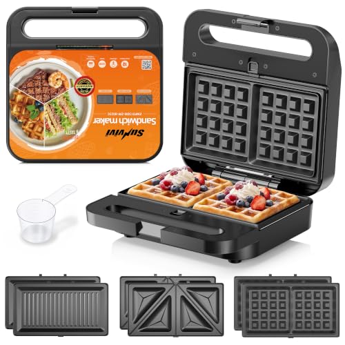 3 in 1 Electric Sandwich Maker with Removable Nonstick Plates - 1000W,Black