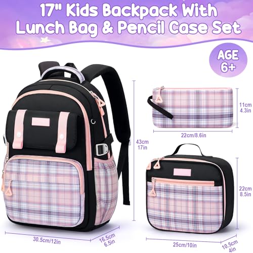 Image of Fimibuke Kids Backpack for Girls, 3 PCS School Backpack with Lunch Box Set | Cute & Waterproof Pink Black Plaid Bookbag with Lunch box Combo for Teens Girls Elementary to High School Students Age 6+