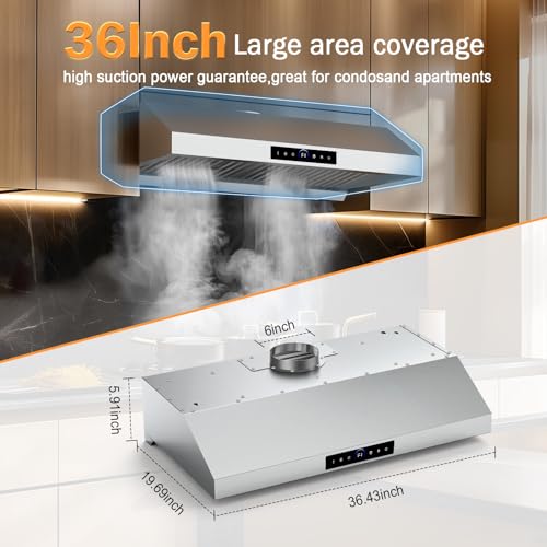 36 Inch Under Cabinet Range Hood 1200CFM, 4-Speed Kitchen Hood with Touch Control & Gesture Sensing Stainless Steel Kitchen Stove Vent Hoods with 2 LED Lights Pro Series