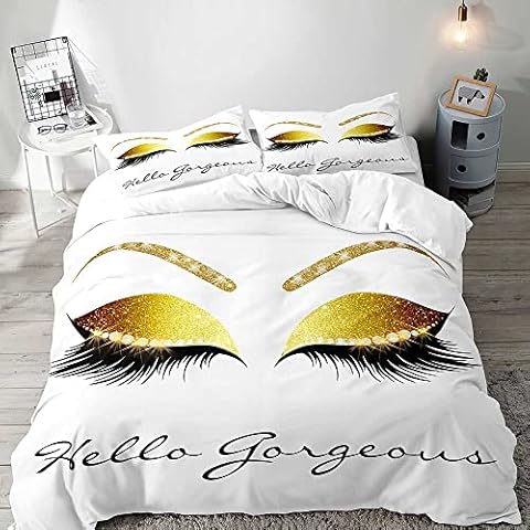 LUVIVIHOME 3PCS Hello Gorgeous Duvet Cover Queen Bedding Sets, Luxury Gold Glitter Bling Glam Diamond Eyelash White Comforter Bedspread Quilt Cover, Bedroom Decor for Women Teen Girls, 2 Pillowcases Cover