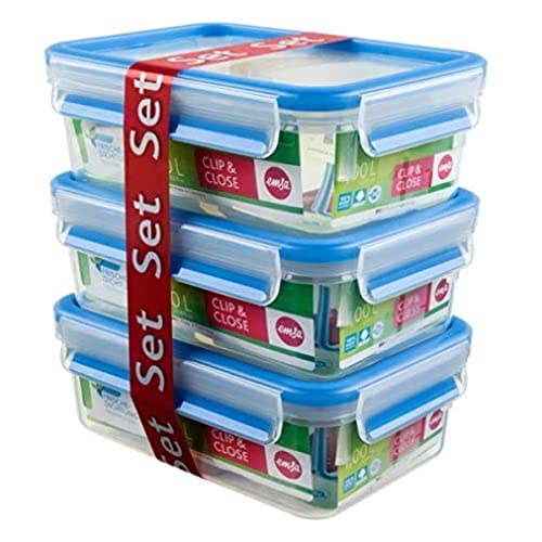 EMSA CLIP&CLOSE Lot 3 boîtes de conservation en plastique rectangulaires, 1L, 100% hermétique et hygiénique, Garantie 30 ans, 508558, Transparent/Bleu