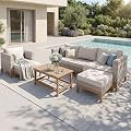 Sophia & William Patio Furniture Set, 5-Piece Wicker Patio Conversation Set, Rattan Outdoor Sectional Sofas with Ottomans & Wooden Coffee Table, Beige